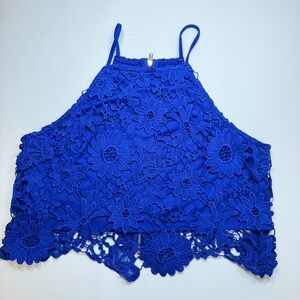 Forever 21 Blue Floral Lace Crop Top Halter Sleeveless‎ Zipper Front Small Boho